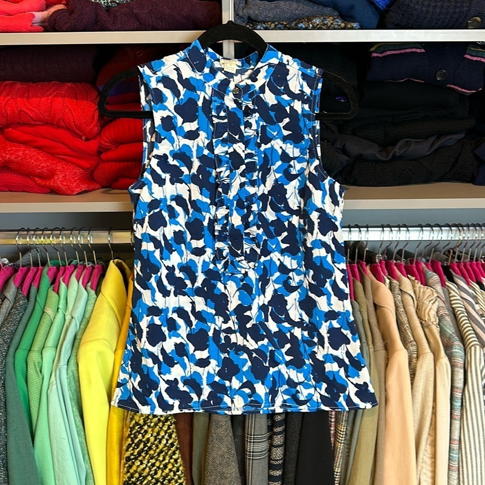 J Crew blue and white print sleeveless ruffled top size XS​